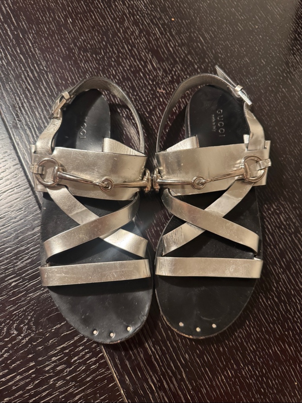 Gucci Silver Leather Cross-Strap Horsebit Sandals